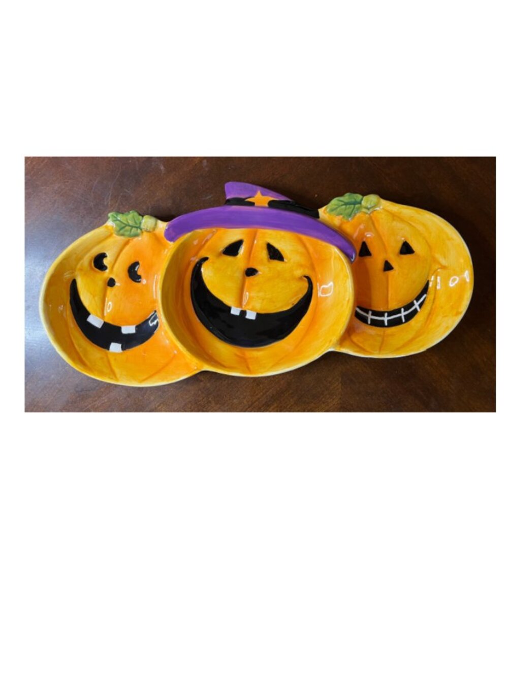 Pumpkin Jack O' Lantern 3- Part Dish, Halloween, Holiday Ceramic Dish 14.5 X 7"